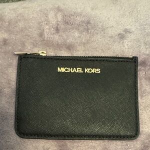 Michael Kors Black Leather Zip Card Holder with Gold Logo